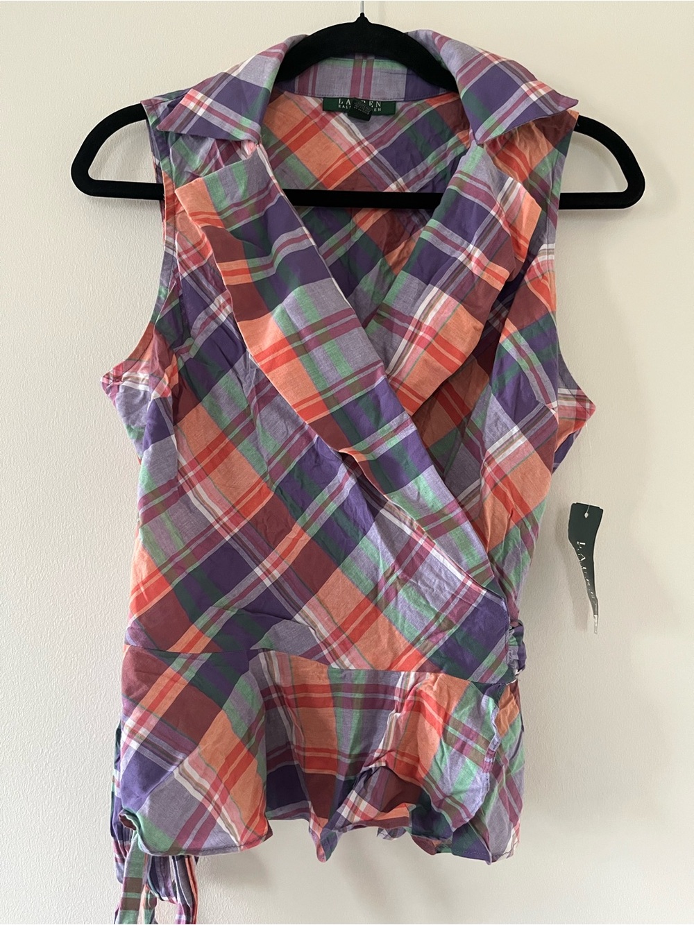 Lauren Ralph Lauren Purple Plaid Sleeveless Wrap Top Large Cowgirl Western NWT